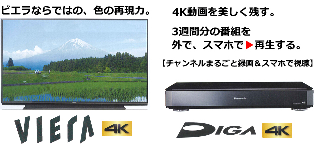 ４Kテレビ：ビエラ、ブルーレイディスクレコーダー：ディーガ